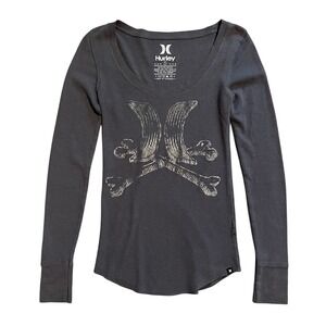 Hurley Womens Charcoal Grey Waffle Knit Thermal Long Sleeve Skull Graphic Top S